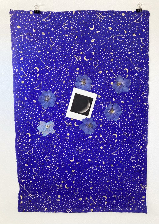 a black and white greeting card with a photo of the waxing crescent moon, slightly askew in the middle of a piece of royal blue paper with gold stars, planets, moons, and constellations. Six blue delphinium blossoms encircle the card, like orbiting moons.